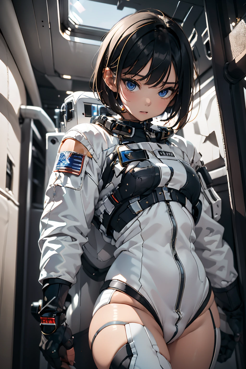 one girls , Young , A view from below , Short Hair Hair , black hair , spacesuit , White spacesuit , Pop-visible , bare ass , girl in a spacesuit , hiquality , Dark tones
