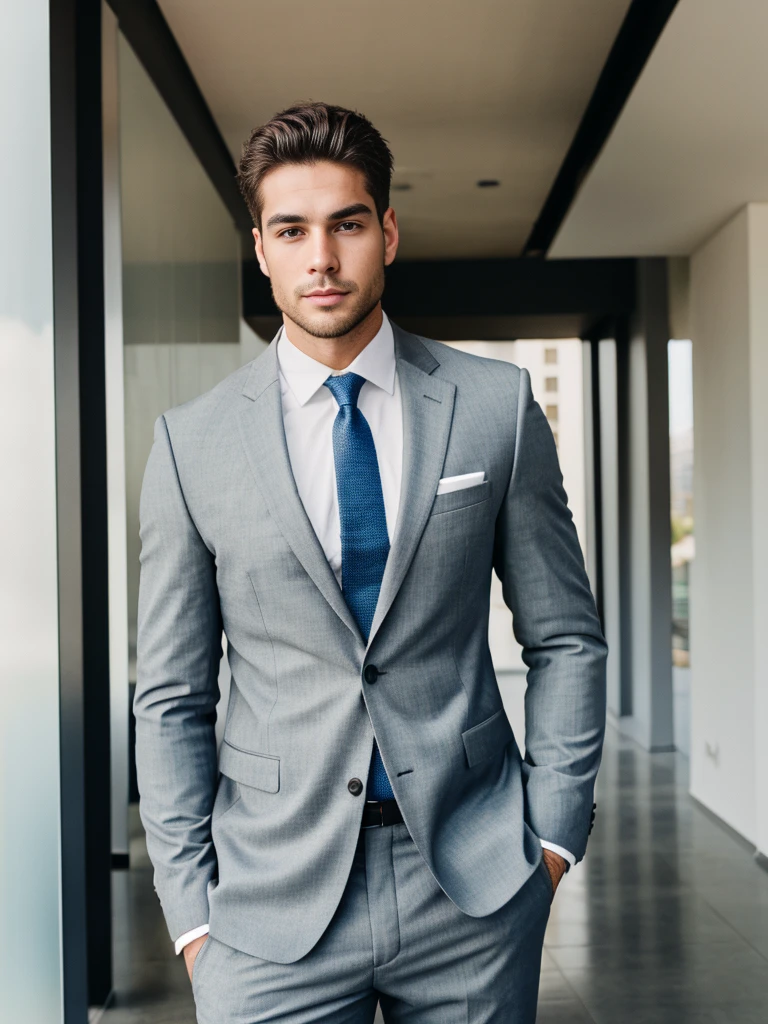 Handsome sexy man, 24 year old, Spanish, blue eyes, in grey businesses suit