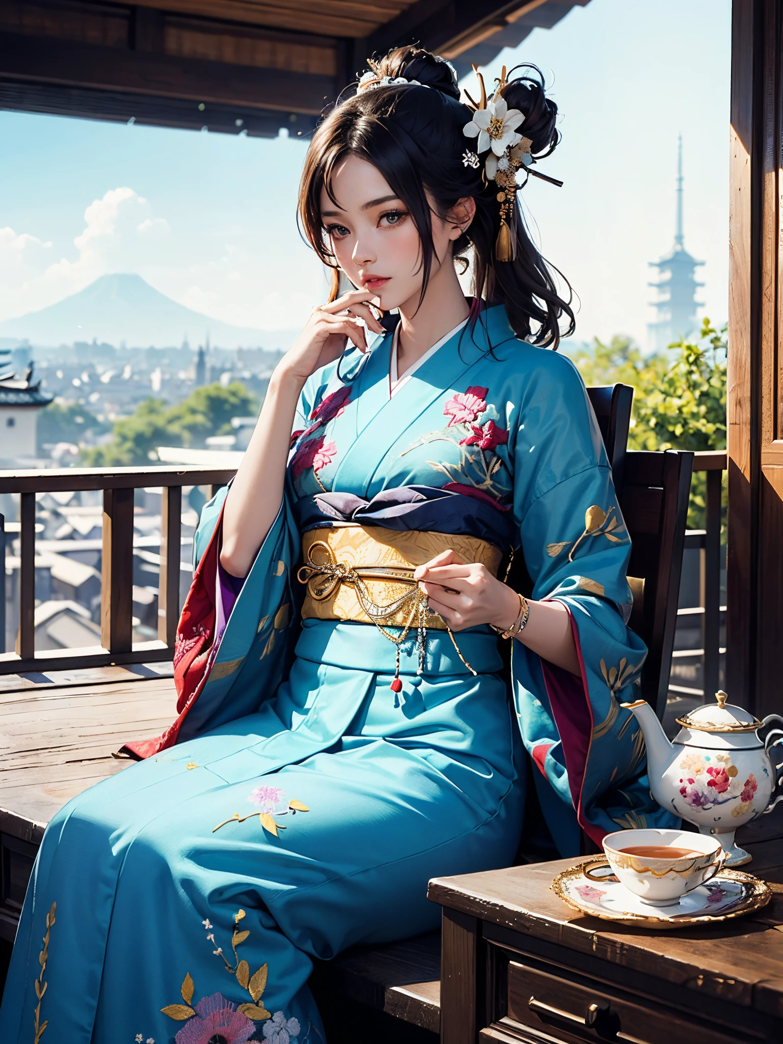 Araffe woman in a blue kimono sitting on a wooden bench - SeaArt AI