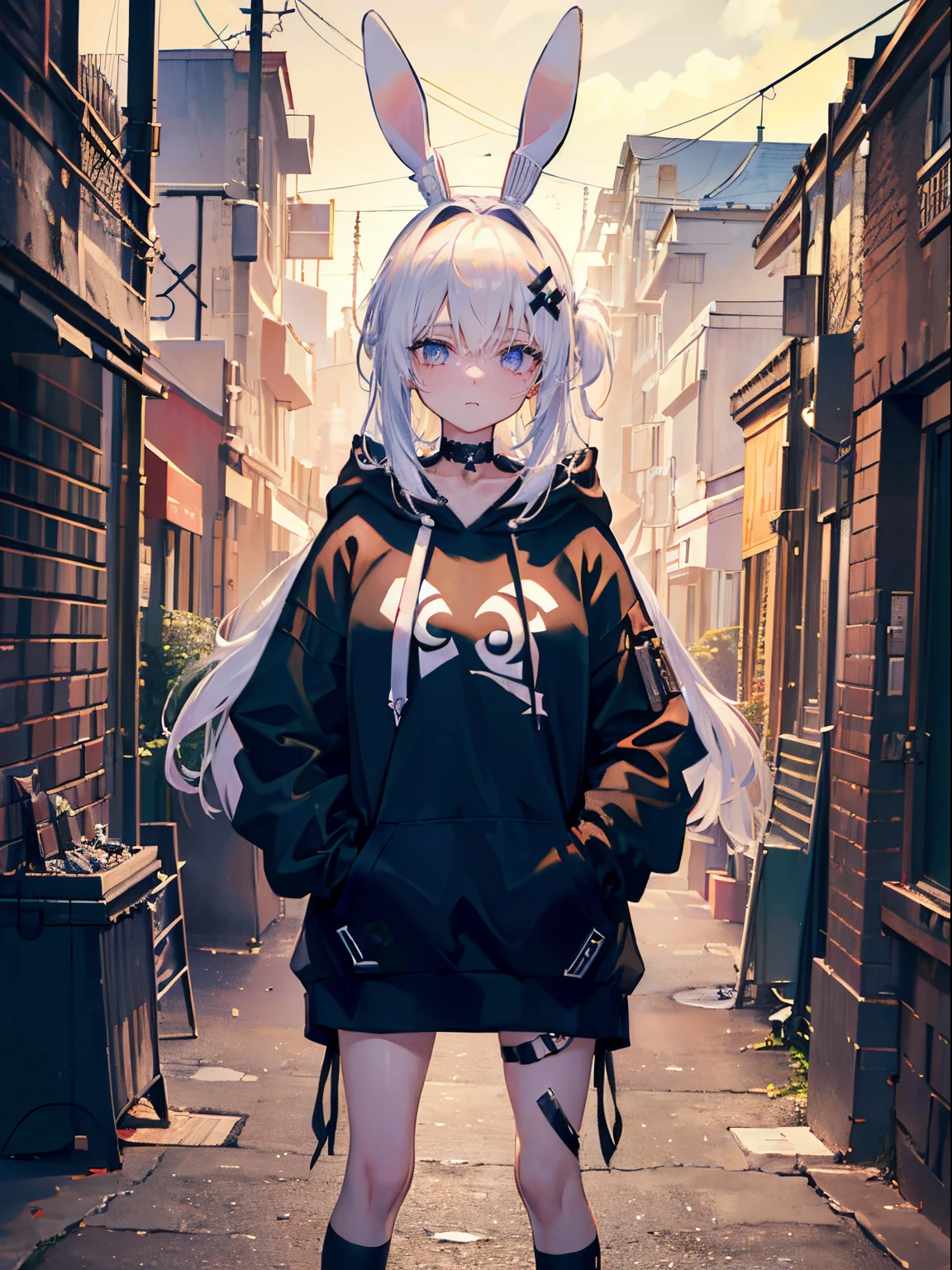 (masterpiece,best quality,ultra-detailed),1girl,1 girl, tied up messy long white hair,black hoodie , standing up,rock punk fashion, looking at viewer,white long bunny ears, high resolution,(petedium shot),hands in pockets