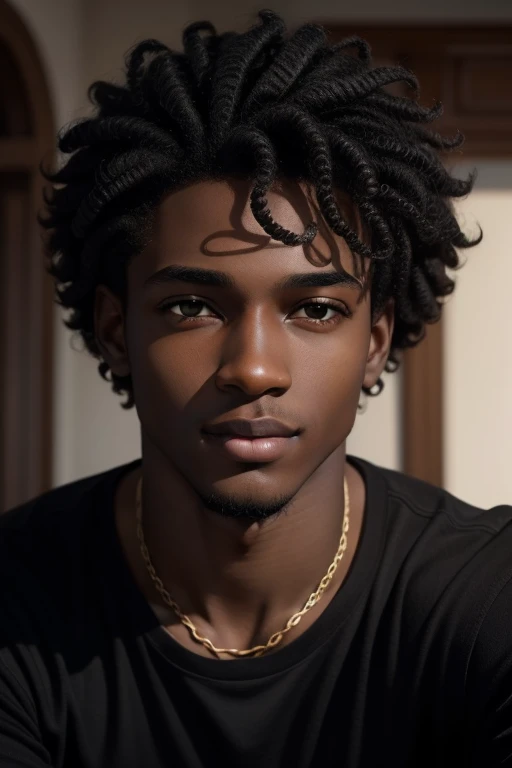 jeune homme noir, Very realistic face, cihgano, beautiful curly hair, de face, peau noire, dark skinned, very beautiful, ((peau noire)), Jeune homme, 16 ans, Young man black three beau, souriant, joyeux, ((peau noire)), dark skinned, (brown eyes), vêtu d&#39;un t-shirt black, looking directly at the camera, fond clair, Soft Light, details of the cheveux bouclés well defined, ambiance photographique, couleurs vives. Medium: Realistic painting, best quality, ultra-detailed, sharp focus, physically-based rendering, professional, vivid colors.