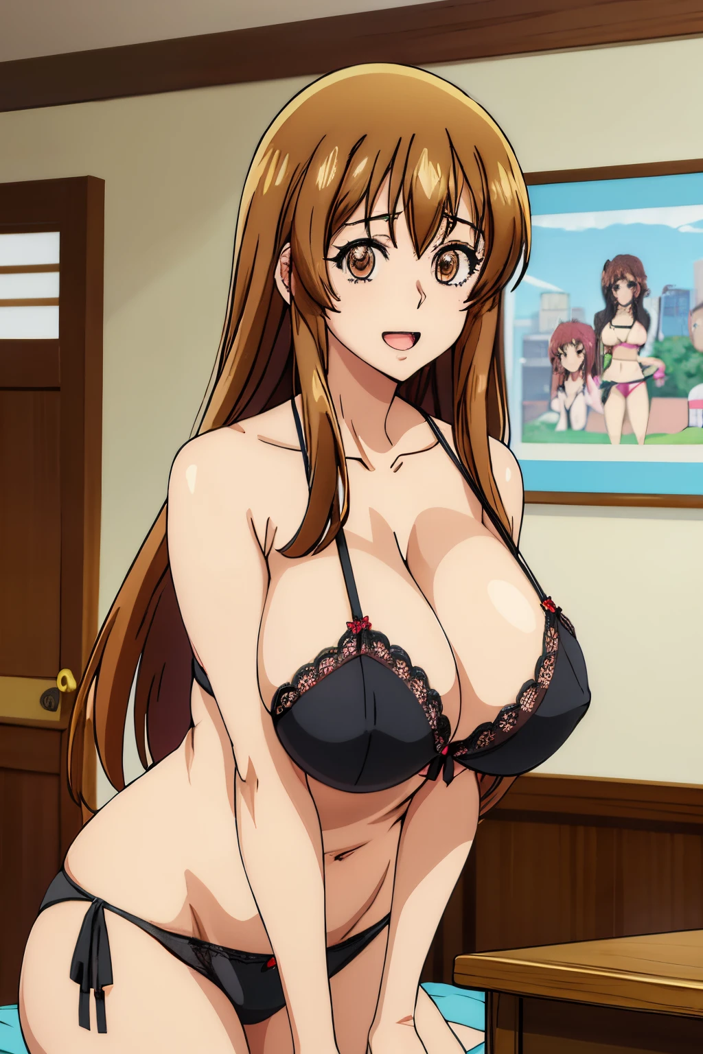 Huge tits, black bra, panties, Busty, thick, best quality, (masterpiece:1.2), highly detailed, street,
1girl, kotegawa nanaka, looking at viewer, slight smile, open mouth, brown eyes, long hair, indoor, room, bedroom, wardrobe