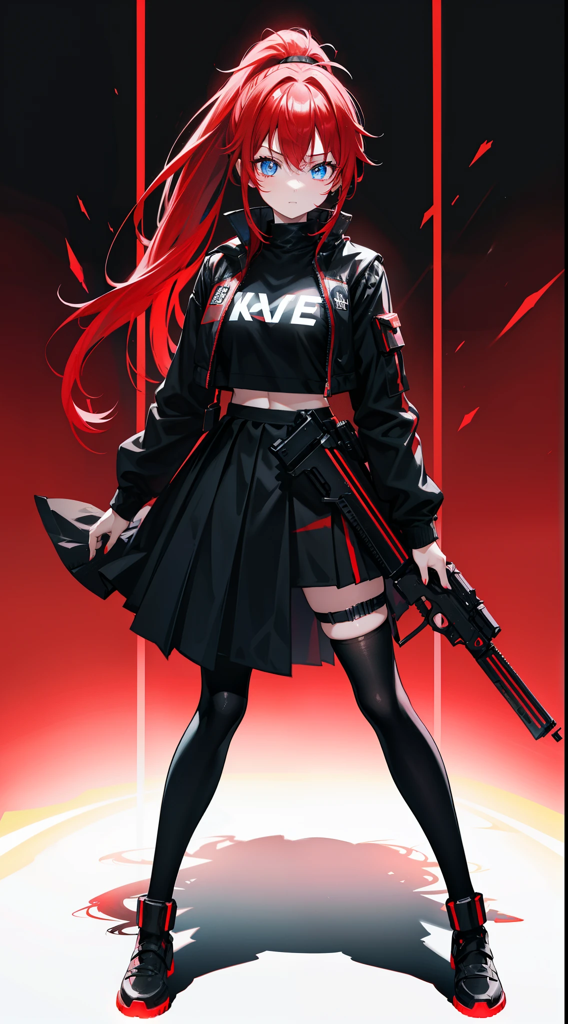 Full body internet girl with ponytail. Bright red indicates that she an online girl. Anime characters with red hair and black costumes holding guns, But there are skirts. She also has blue eyes. The environment similar to a terminator. Hair black. Her face illuminated by the bright red color on one side of the face. Like LEDs. And both hands also have LED lights.