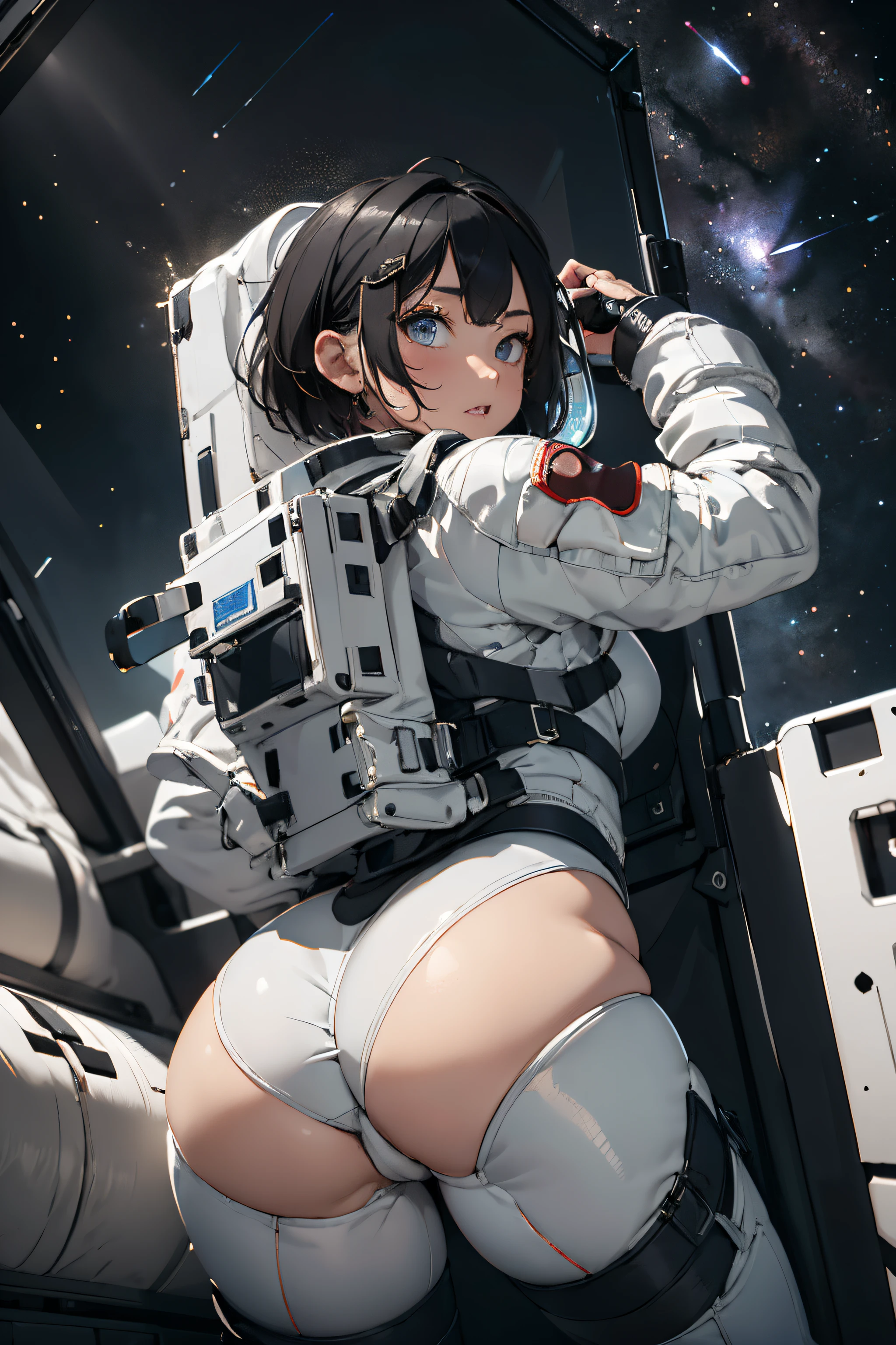 one girls , Young , A view from below , Short Hair Hair , black hair , spacesuit , White spacesuit , Pop-visible , bare ass , girl in a spacesuit , hiquality , Dark tones