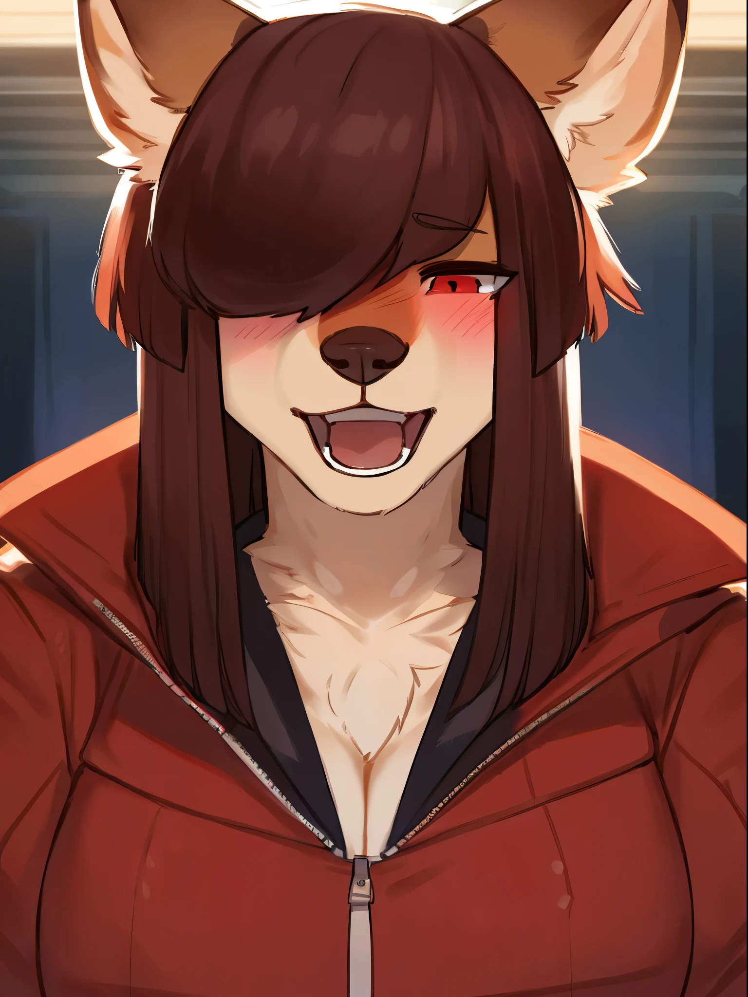 By bebebebebe, by lostgoose, by goonie-san, futa, ((canine, snout, hair covering eyes, straight hair, medium hair, flat hair, ears, thin snout)), brown fur, dark maroon hair, muscular, big breasts, smiling, solo, standing, closeup view of face, looking at viewer, blushing, open mouth, eyes barely visible, eyes under hair, bright red eyes, panting, closeup view of face, focus on face, nude, nipples