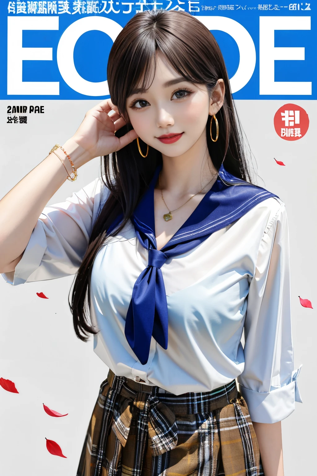 masterpiece, top-quality, Whole human body, 1girl in, bangss, A dark-haired, Blue skirt, red blush, A bracelet, breastsout, Clothing around the waist, 鎖骨, shirt with collar, cowboy shot, dress shirts, ear piercings, eyebrows visible through hair, gradation hair, Grinning, gals, jewely, Kogal, length hair, looking at the viewers, Loose tie, neck tie, piercings, Plaid, plaid skirts, pleatedskirt, Red-eyed, the ring, 校服, Shirts, skirt by the, a smile, 独奏, white shirt, a street, Deserted, cherry trees, flower petals,Illustration, (magazine:1.3), (cover-style:1.3), Fashionable, femele, with a vibrant, outfits, the pose, the front, Colorful, Dynamic, Backgraund, element, self-assured, expression, ngel, statement, accessory, An majestic, coil, surroundings, Touch, The scene, It's bold, captures the attention, Stylish, Modern, Trendy, Focus, lo fashion, Green Screen.Summery fashion、a sailor suit