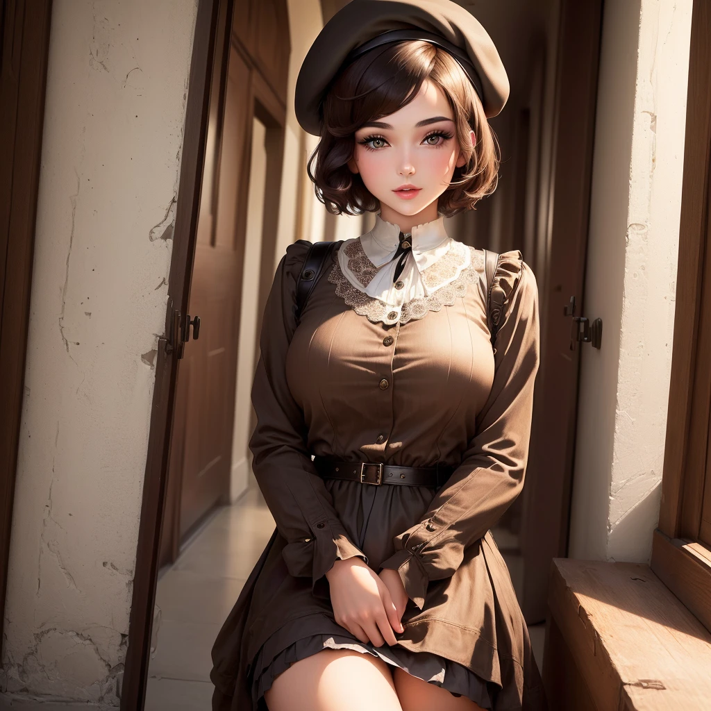 (Masterpiece - Ultra-detailed, High Resolution) girl about 25 years old, short hair with beret, hair from the year 1920, brunette with brown eyes