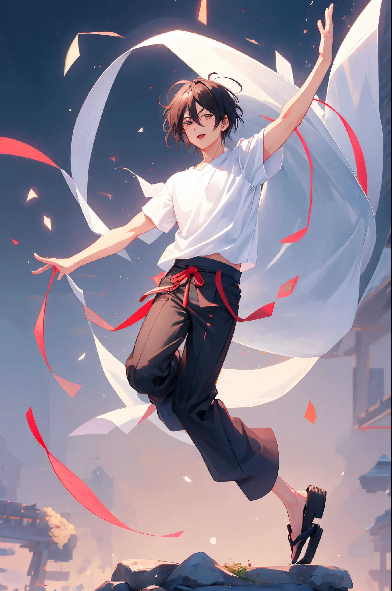 solid background,high high quality,dynamic compositions,Young Japanese male,glomy,hair over eye,White T-shirt,black cloaths,Gray trouserlack slippers