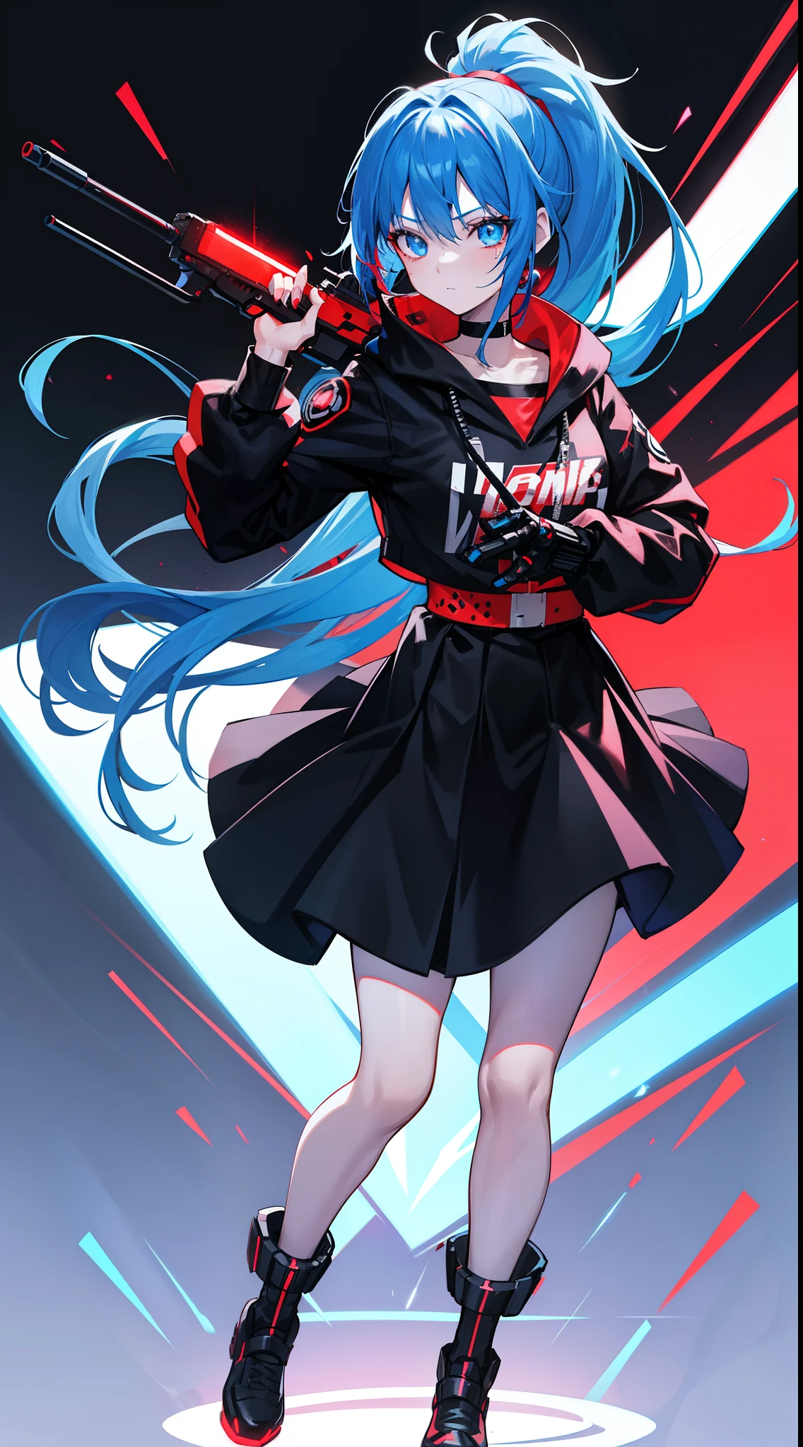 Full body internet girl with ponytail. Bright red indicates that she an online girl. Anime characters with blue hair and black costumes holding guns, But there are skirts. She also has blue eyes. The environment similar to a terminator. Hair black. Her face illuminated by the bright red color on one side of the face. Like LEDs. And both hands also have LED lights.