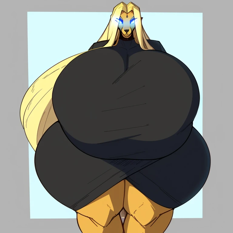 by securipun, solo, female, standing, looking at viewer, ((hair, snout,)), smiling, lips, eyelashes, eyeliner, saluki, blonde body, super huge super huge super massive breast, super big thighs, very tall, super huge , (black scleriolet glowing eyes, long blonde hair, black pupils