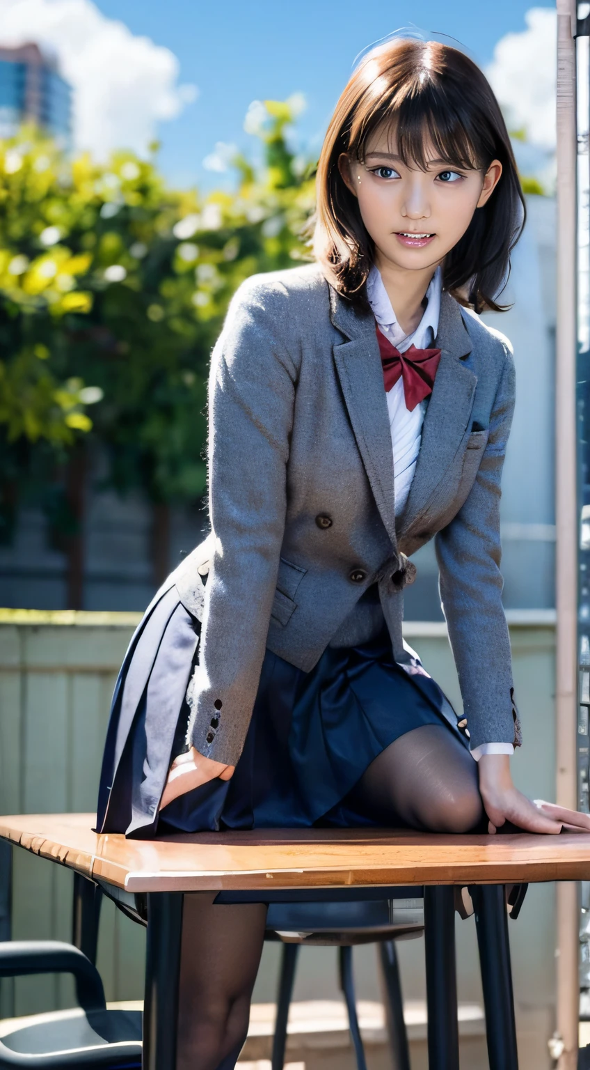 a women, building, open mouth, blush, (clerk uniform), round face, hair up, skirt, panties, pantyhose, (straddling to hit her crotch on table edge), open legs, raise leg, masturbation, orgasm face, grind crotch forth, sky, sidewalk