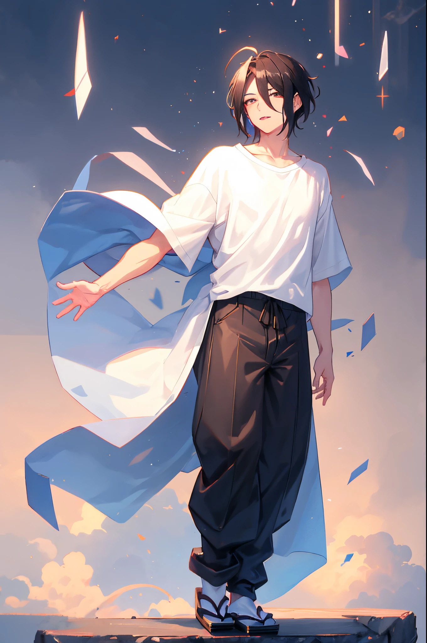 solid background,high high quality,dynamic compositions,Young Japanese male,glomy,hair over eye,White T-shirt,black cloaths,Gray trouserlack slippers
