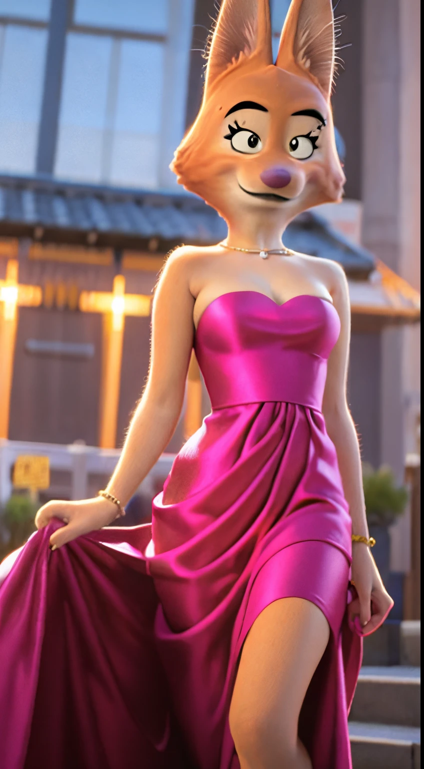 Detailed and realistic portrait of diane foxington in little Tokyo, dress, orange body, black lips, eyelashes, eyebrow piercing