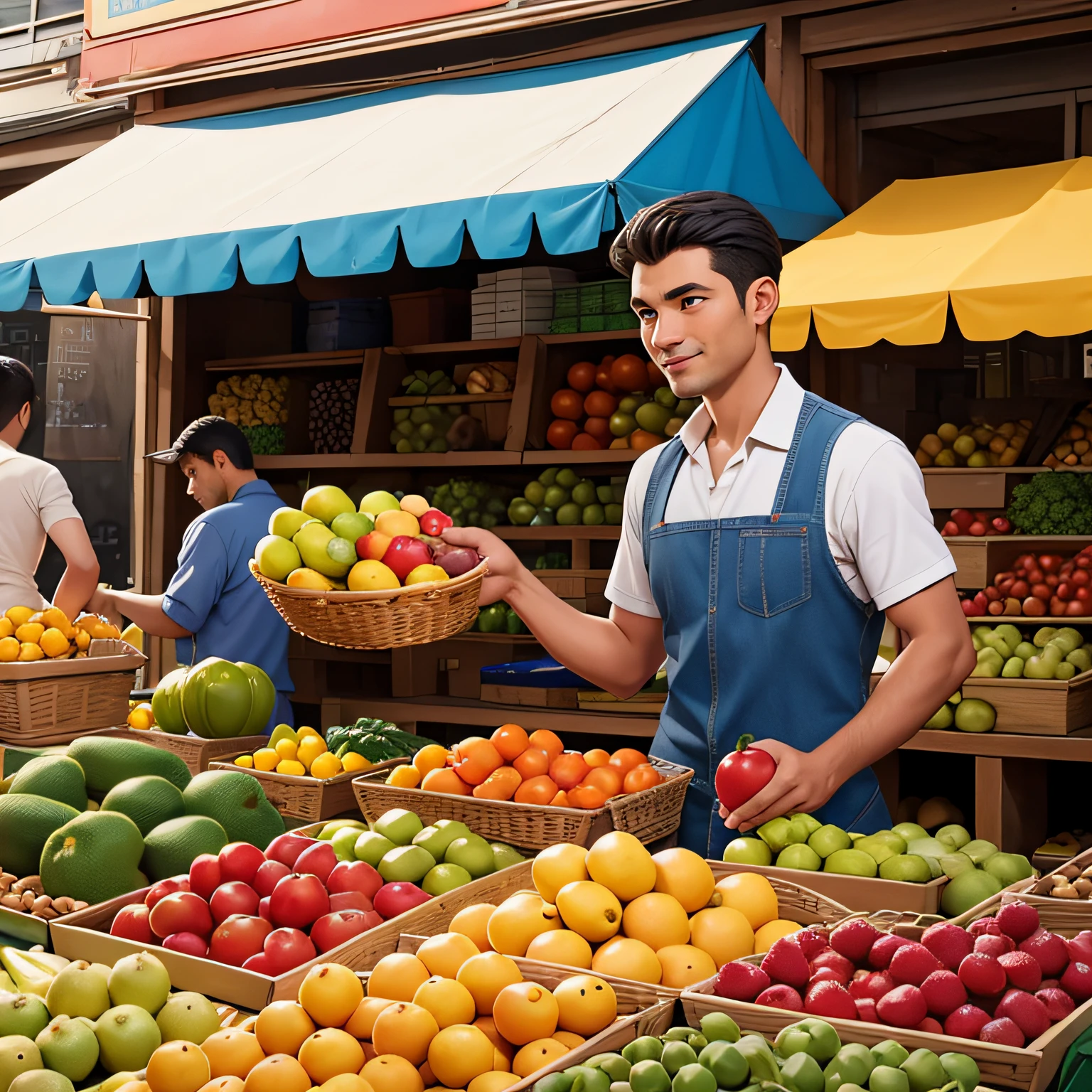 A 22-year-old boy is sitting in a fruit shop in a market and many people are sitting in the village environment