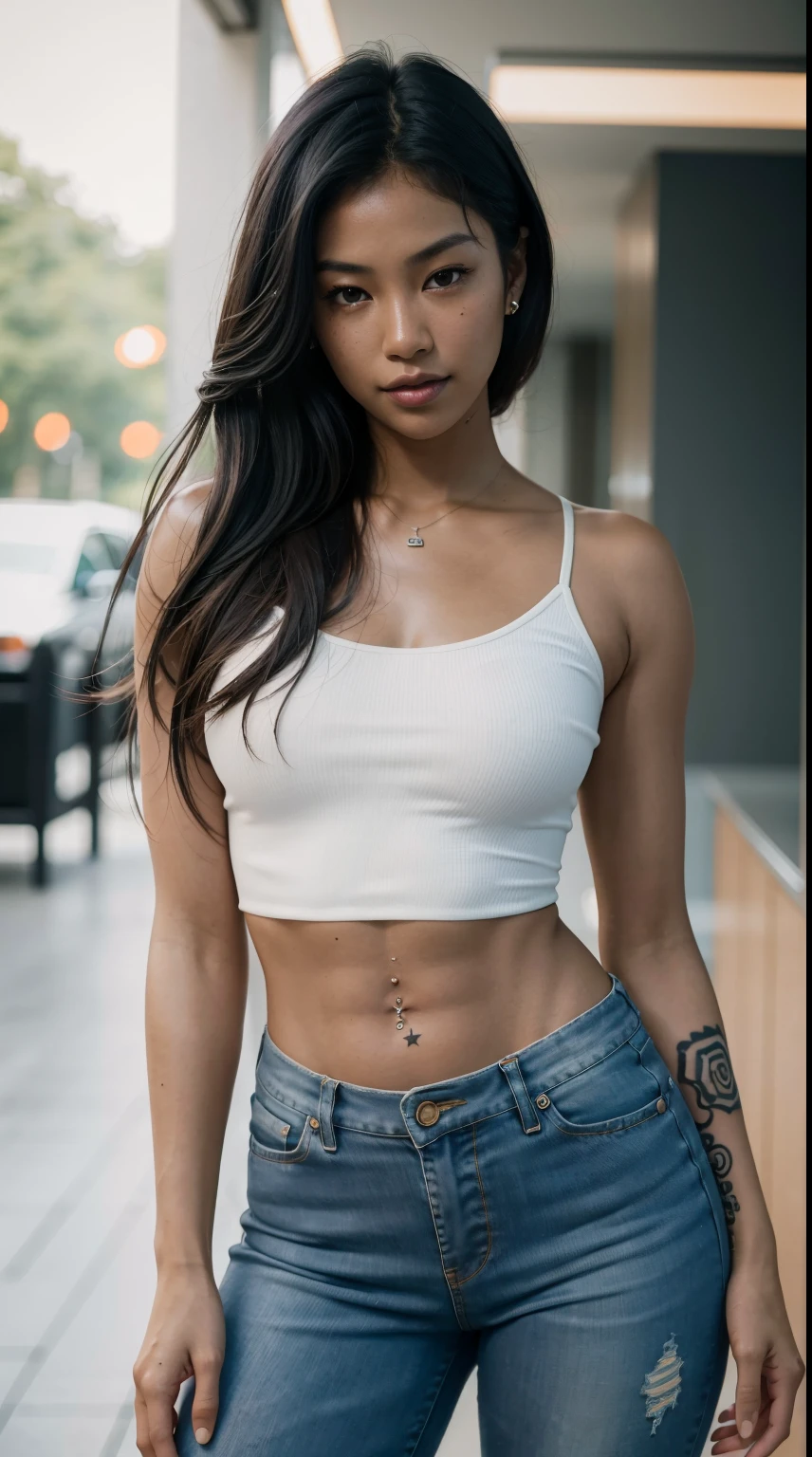 40 years old, gorgeous cute Argentinian girl, smirk, freckles, (dark skin:1.6), arafed1girlaraffe woman in a tan tank top and jeans posing for a picture, xision wu, wearing a low cut tanktop, jaeyeon nam, korean girl, wenfei ye, heonhwa choe, xintong chen, gongbi, leaked image, cindy avelino, very low quality, blackpink jennie, low quality, gorgeous young korean woman, beautiful young korean woman, heonhwa choe, famous beautiful model, good young girl, (masterpiece:1.0),(best_quality:1.0), ultra high res,4K,ultra-detailed, photography, 8K, HDR, highres, absurdres:1.2, Kodak portra 400, blurry background, bokeh, lens flare, (vibrant_color:1.2),professional photograph, (the_tattoo:1.4), (beautiful_face:1.5),(narrow_waist).