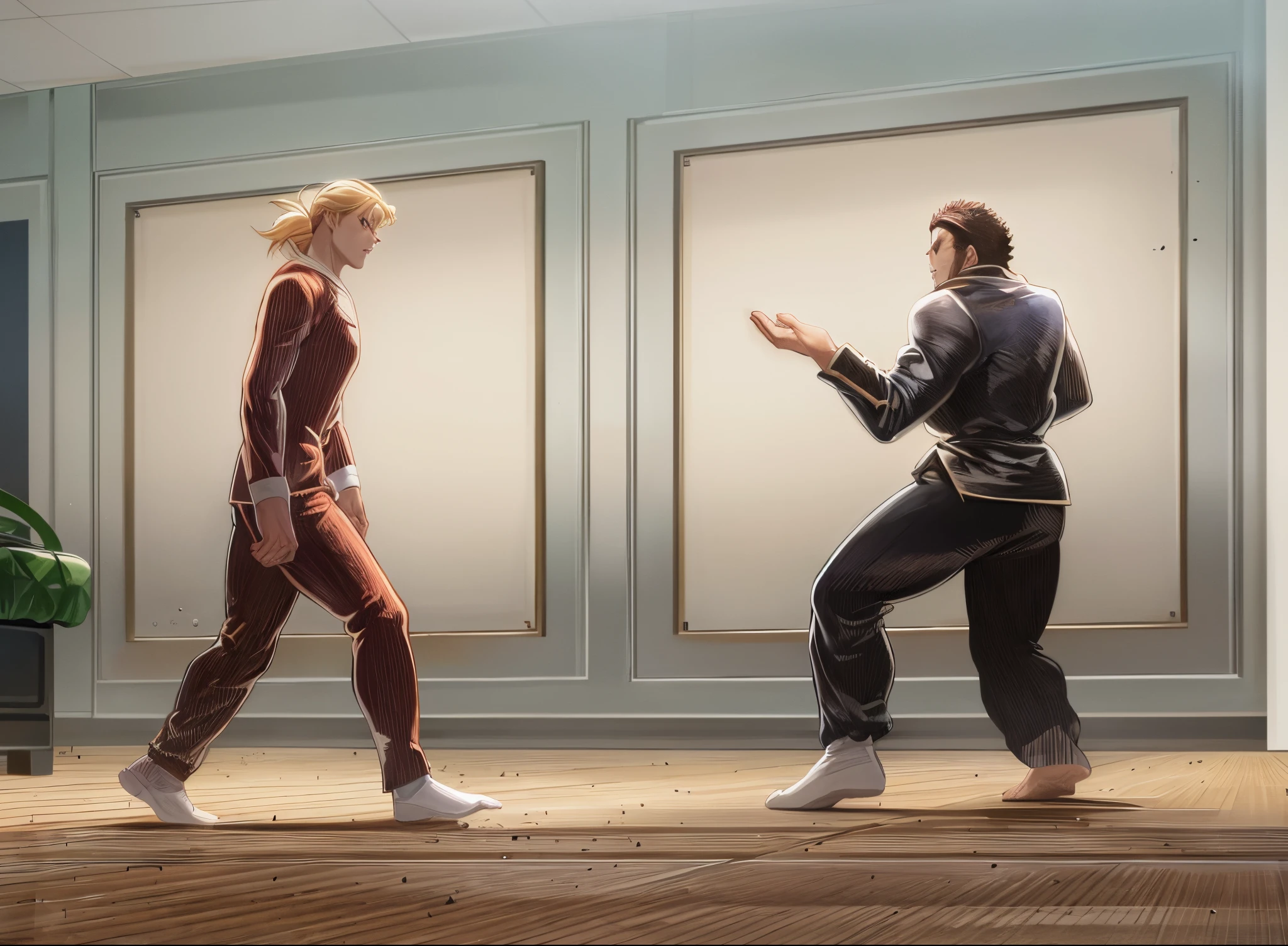 There are two people in a room..., Postura de lucha, Panel de manga, Estilo Baki, escena de lucha, striking manga artstyle