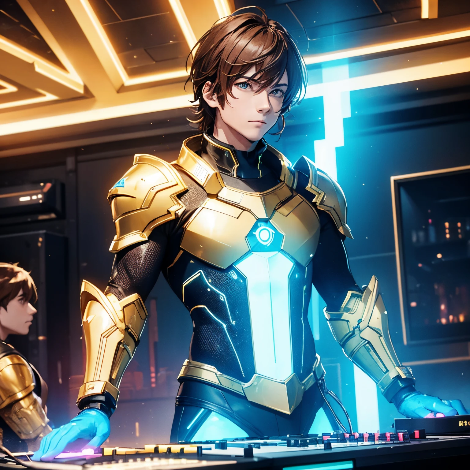 Man, golden armor, golden headphones, standing at a DJ booth, neon lights, brown hair, solar technology, neon blue lights, hot, muscular, neon blue armor trim, dark