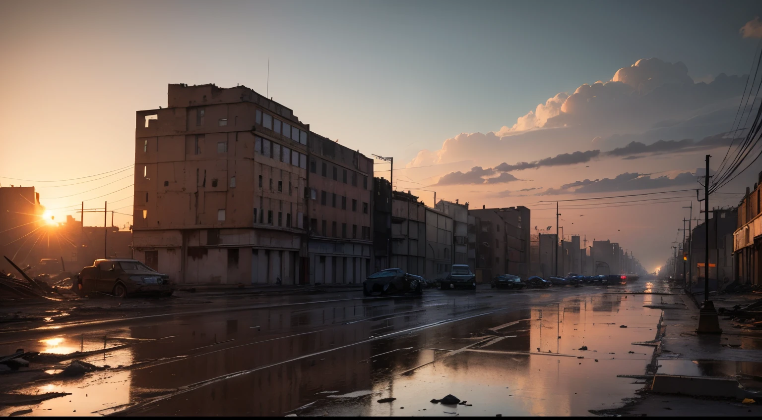 (masterpiece), (best quality), (detailed), (8K),sunset landscape,War environment,dark gloomy,morden style,A city bombarded by artillery fire,Dilapidated buildings,broken vehicle,broken tank,standing water,3D rendering art,War setting ultra high definition detailed ruined city,damaged cement wall,Broken street light,cracked road,Light magic,Realistic
