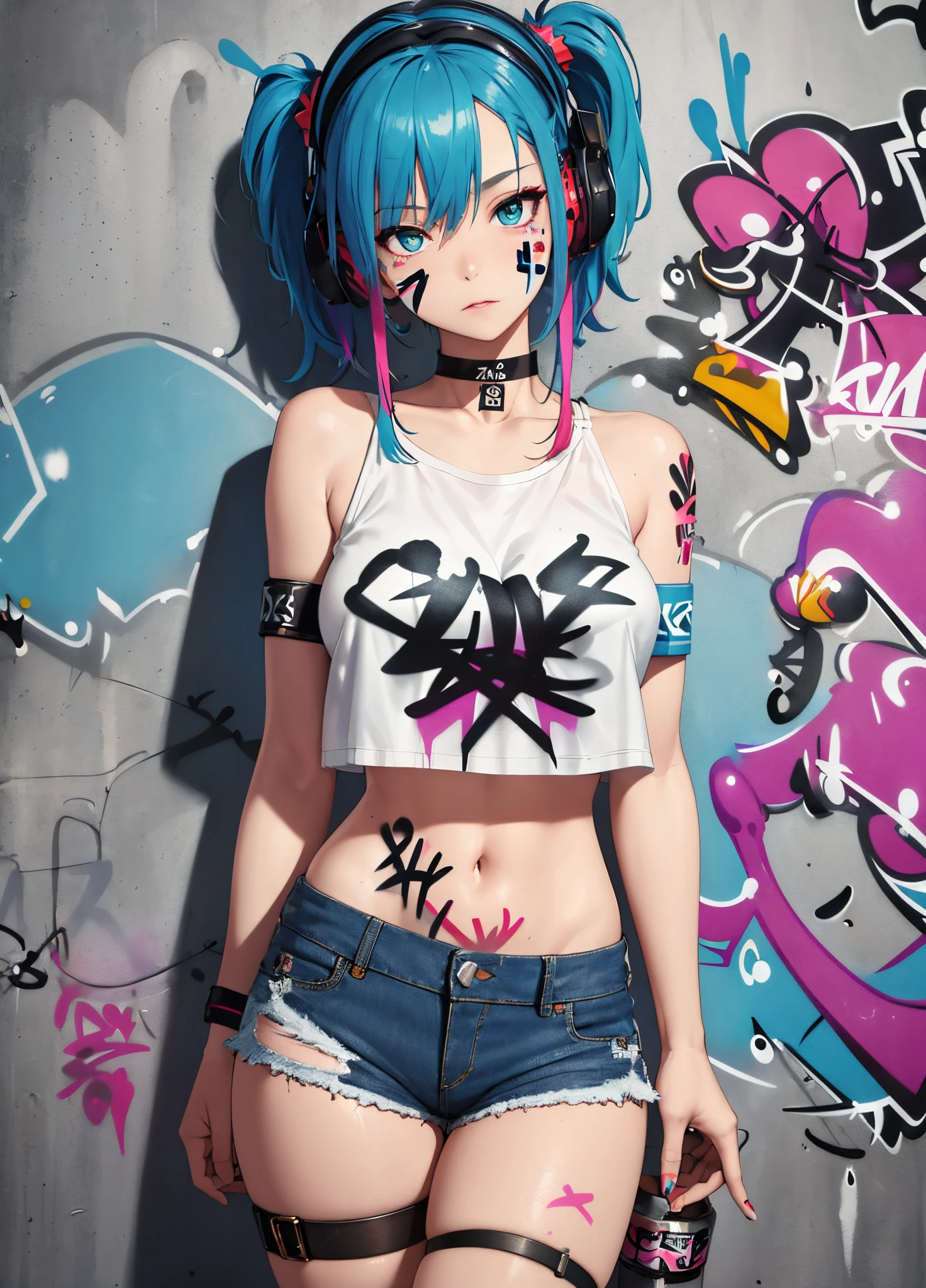 masterpiece, best quality, 1girl, solo, crop top, denim shorts, choker, (graffiti:1.5), paint splatter, arms behind back, against wall, looking at viewer, armband, thigh strap, paint on body, head tilt, bored, multicolored hair, aqua eyes, headset,