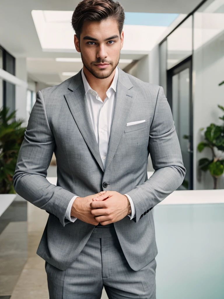 Handsome sexy man, 24 year old, Spanish, blue eyes, in grey businesses suit