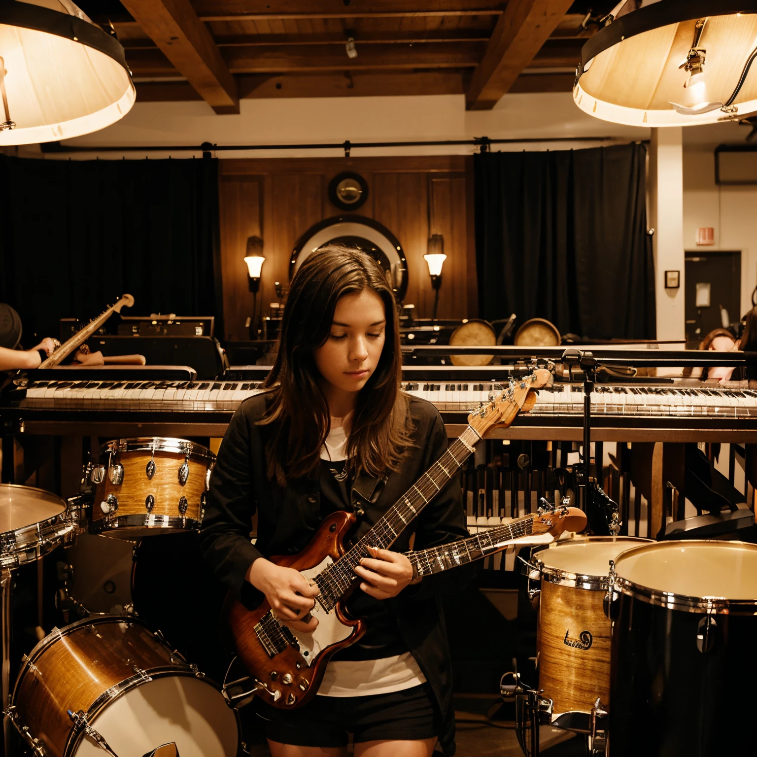 Looper pedal in center of image with a person playing several different instruments including guitar, drums and piano