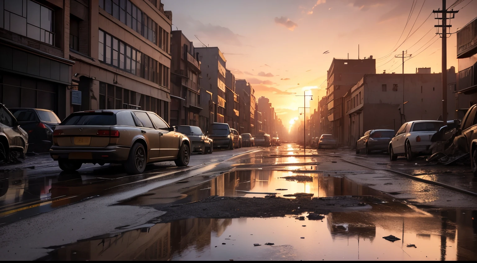 (masterpiece), (best quality), (detailed), (8K),sunset landscape,War environment,dark gloomy,morden style,A city bombarded by artillery fire,Dilapidated buildings,burning broken vehicle,standing water,3D rendering art,War setting ultra high definition detailed ruined city,damaged cement wall,Broken street light,cracked road,Light magic,Realistic
