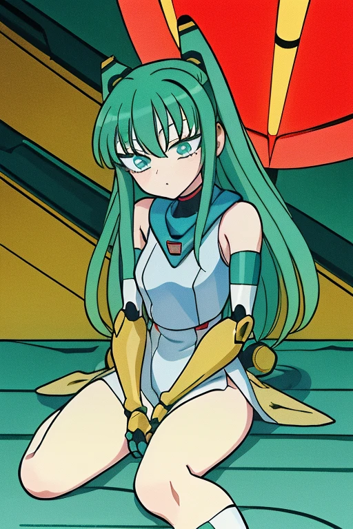 masterpiece, best quality, highly detailed, Retro anime, 2000s anime, 2000s anime, early 2000's inspired anime, perfect anime illustration, 1girl, alice carroll, long green hair, battlesuit, cyber armor with core, mechanical limbs, space, sitting, space station, futuristic, cute, red lighting, bright lights