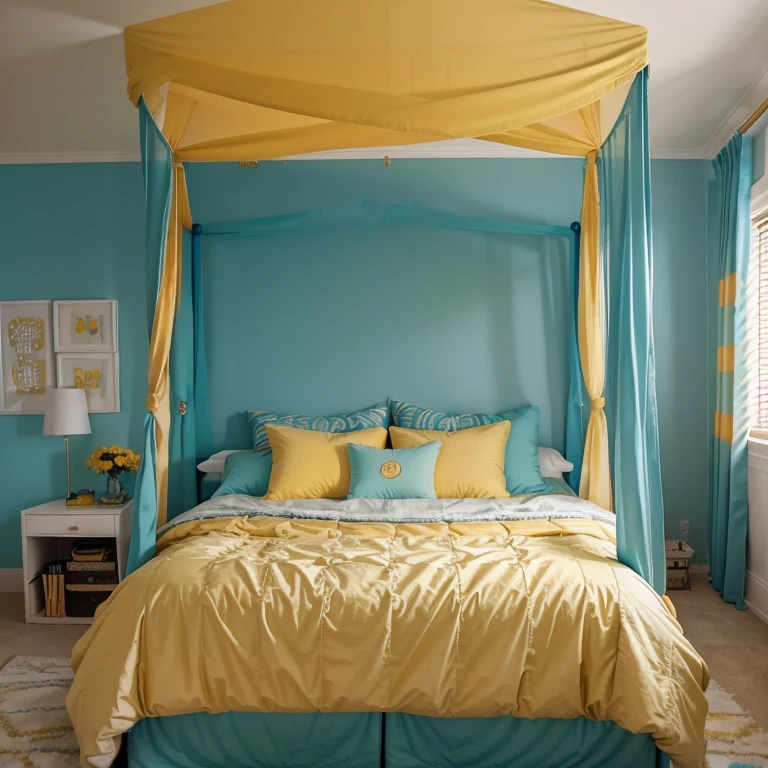 1
a close up of a bed with a canopy over it, s bedroom, inside a childdroom, boy's room, amber and blue color scheme, blue theme and yellow accents, ocher and turquoise colors, decoration around the room, playful and cheerful, gold and teal color scheme, brown and cyan blue color scheme, teal and orange color scheme, cute room