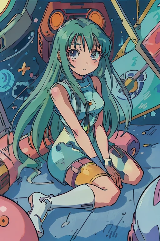 masterpiece, best quality, highly detailed, Retro anime, 2000s anime, 2000s anime, early 2000's inspired anime, perfect anime illustration, 1girl, alice carroll, long green hair, battlesuit, cyber armor with core, mechanical limbs, space, sitting, space station, futuristic, cute, red lighting, bright lights