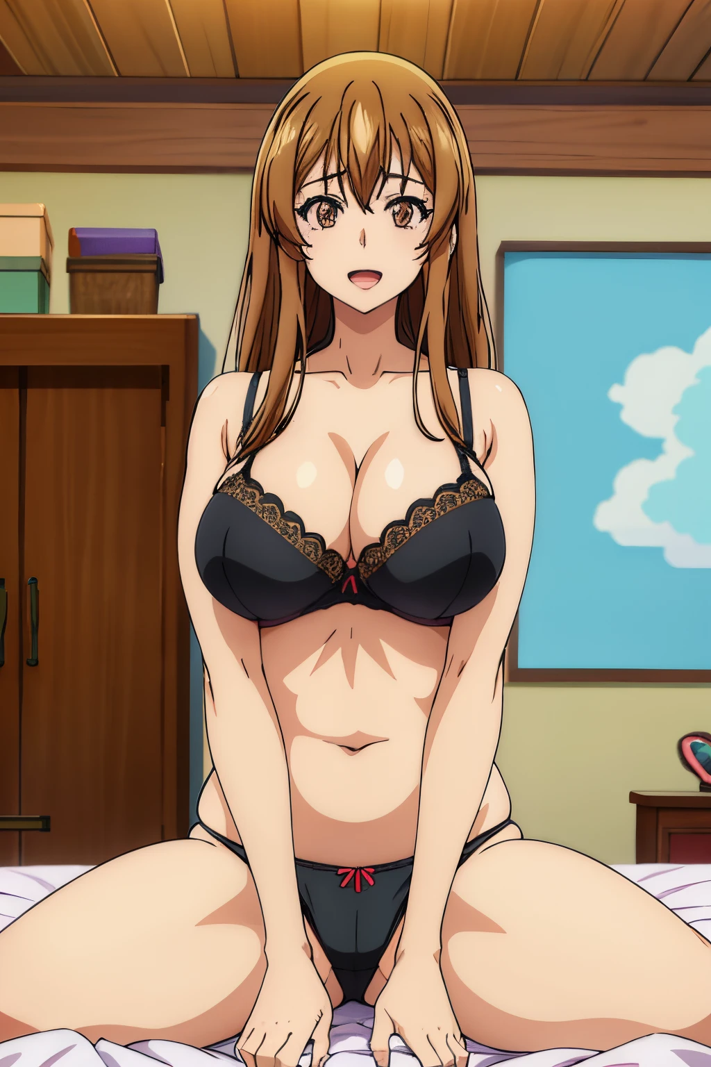 Huge tits, black bra, panties, Busty, thick, best quality, (masterpiece:1.2), highly detailed, street,
1girl,  kotegawa nanaka, looking at viewer, slight smile, open mouth, brown eyes, long hair, indoor, room, bedroom, wardrobe, spread legs, view at camera