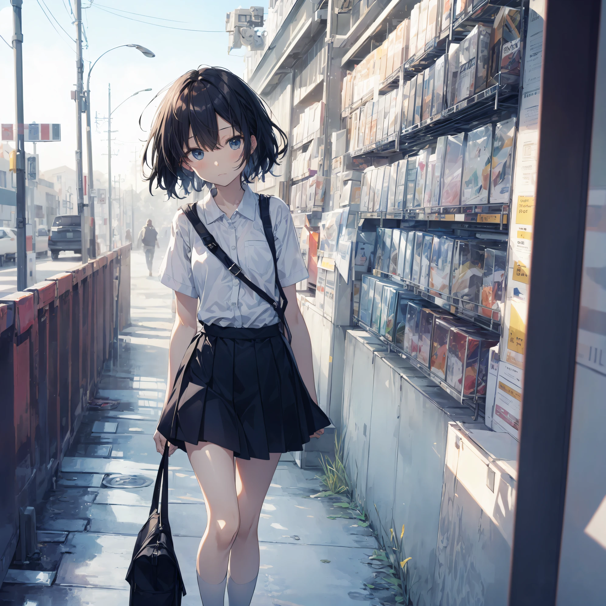 best god quality, Ultra-detailed, anime moe art style,Best Anime 8K Konachan Wallpapers,Pixiv Contest Winner,Perfect Anatomy, (Draw a girl sleepily walking to school. ),BREAK, 1girl is a cool beautiful girl, (Solo,Lori,,13yea:1.3),a junior gynous attraction, (Very short hair), hair messy,Forehead, Full limbs, complete fingers,flat chest, Small butt, groin, Small eyes,Beautiful detailed black eyes,Well-proportioned iris and pupils,disgusted eye, School uniform, Skirt,On the way to school. BREAK,High resolution,super detailed skin, Best lighting by professional AI, 8K Illustration,