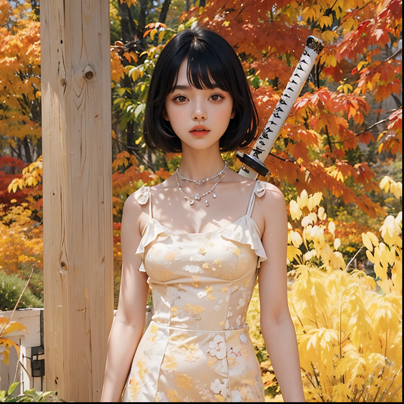 8k, RAW photo, best quality, masterpiece, looking at viewer,  black hair, detailed eyes, short hair,  bangs, outdoors, yellow dress, katana on the back, upper body, knee boots,
