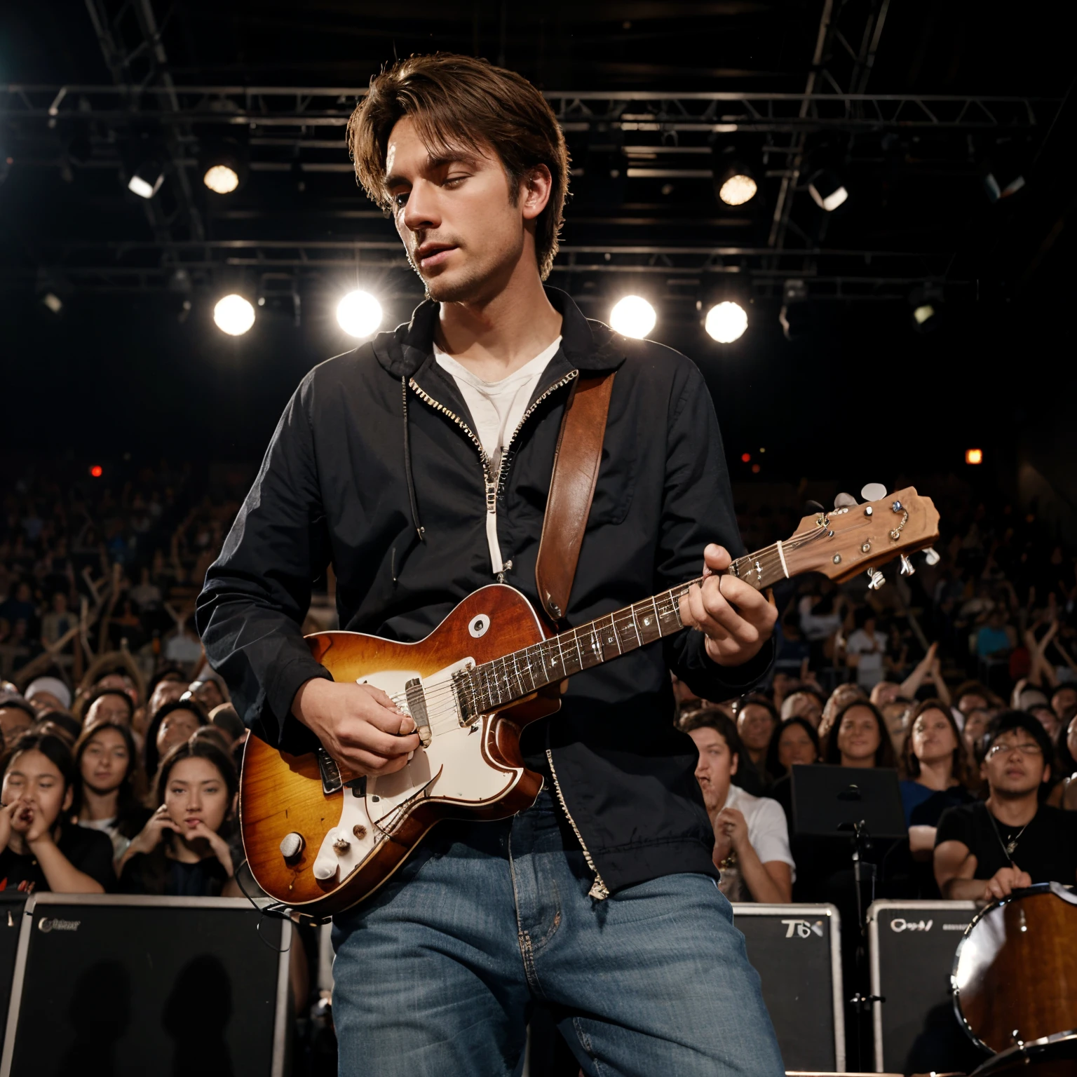 Guy playing guitar on stage in front of a crowd