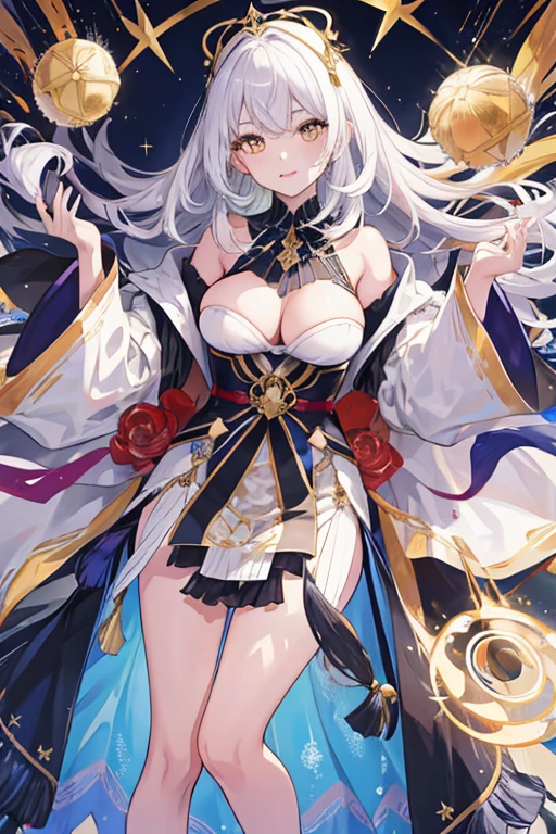 ((tmasterpiece:1.4,Best quality))++,(hyper-detailing)+,(Best quality,hyper-detailing,vibrant with colors,rich colourful,dynamic angle,hight contrast:1.2),one-girl,Height 145cm,Lori huge breasts cleavage,adolable,flatchest,long white hair,Shawl hair,There are ear feathers behind the ears,The bangs on the left cover the eyes,Golden eyes,golden headdress,European dresicro modern),obi strip,bare-legged,Golden star(symbol),Flying white doves(symbol),tarot,divination,Holding a blue-purple crystal ball in his hand,mistic,temperament,foot ring,Draw the whole body,Fashionab, with dynamism, garments, posing on a, frontage, rich colourful, dyna, Background with, element in, self-assured, Expressing the, statement, fittings, A majestic, coil, Runt, Scenes, Cover of a, boldness, attention-grabbing,Fashionab, typeface, Catchy, attention-grabbinodern day, Fashionab, focal, Fashionab,delicated face,exquisite facial features