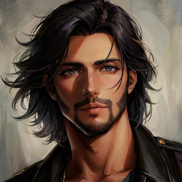 A close-up of a man with long hair and a leather jacket, fantasy male ...
