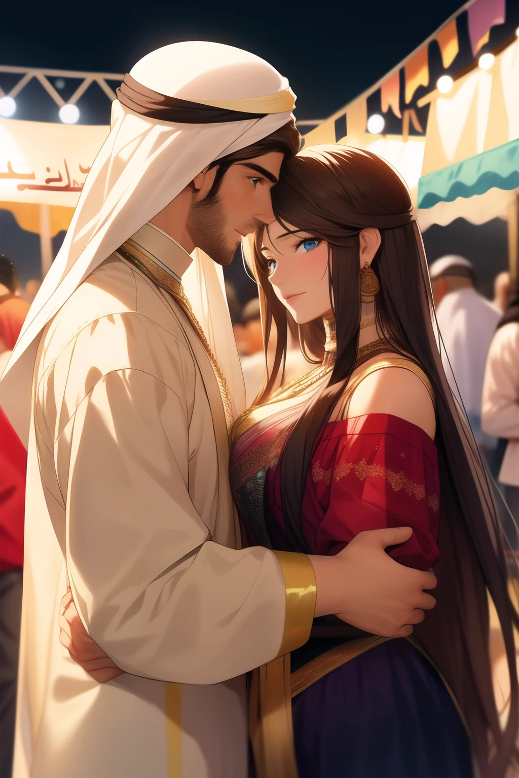 best quality, masterpiece, realistic, a man and a woman from a middle eastern background and the man from indien background . they both are in a festival and they have a lot of colors and crowded masses. and market places in the background. the man and the woman have eye contact (detailed faces) A realistic beautiful man and women love on the first sight