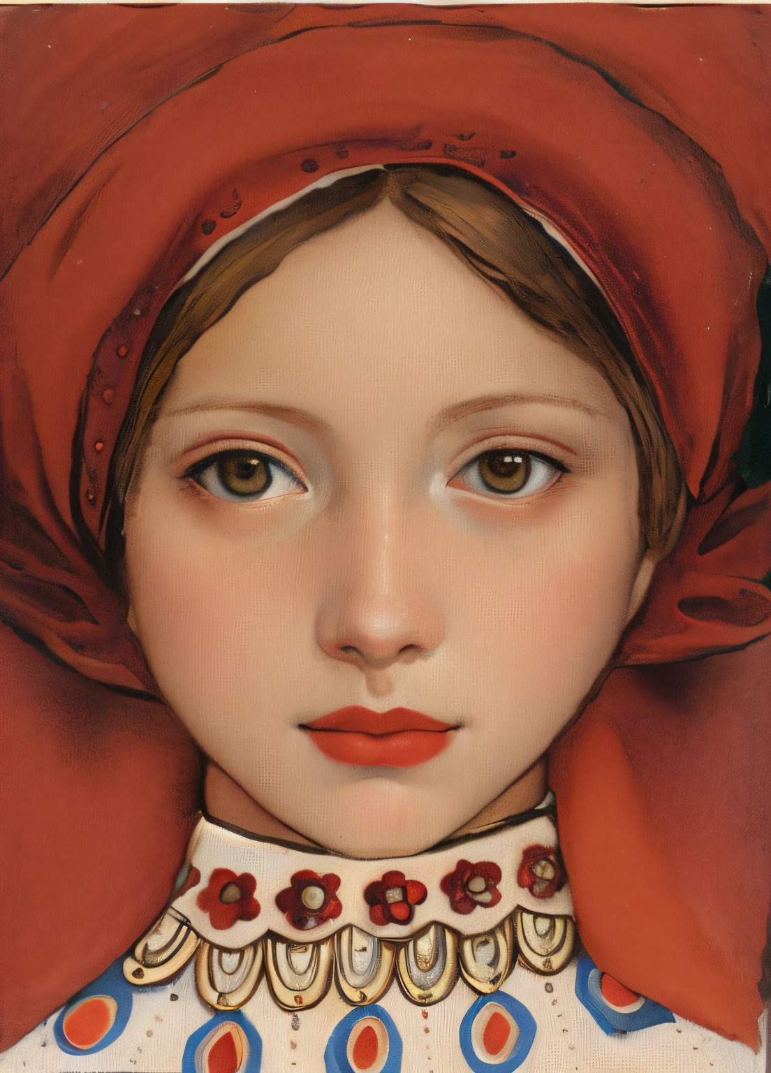 painting of a woman with a red hat and necklace, inspirado em Lucy Madox Brown, inspirado em Dieric Bouts, inspirado em Hans Holbein, o Jovem, inspirado por Jan van Eyck, inspirado em Hans Holbein, o Velho, inspirado em Ambrosius Holbein, inspirado por Carl Larsson, inspirado em Lucas Cranach, o Jovem