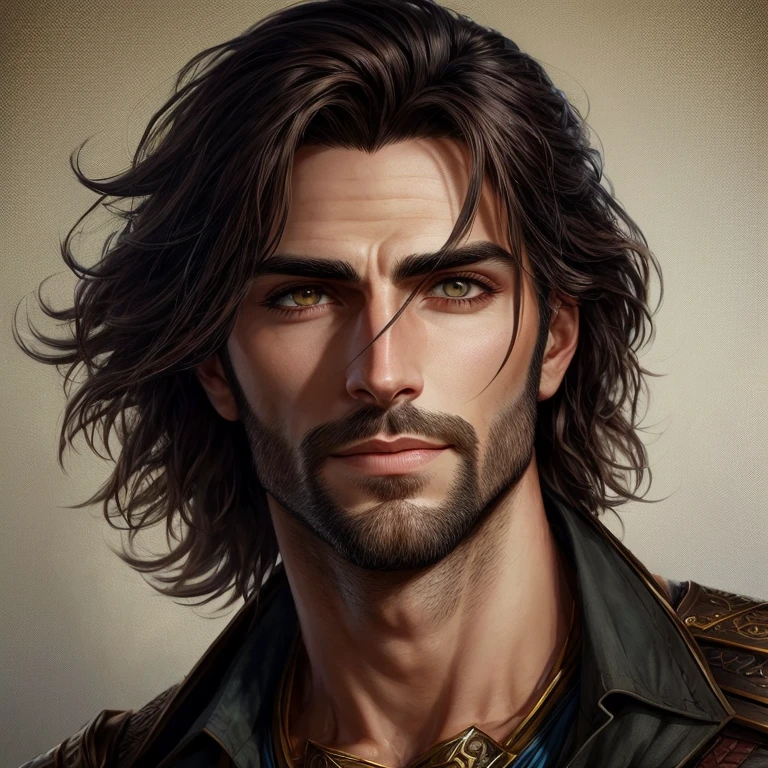 un primer plano de un hombre con pelo largo y una chaqueta de cuero, fantasy male portrait, Retrato detallado del personaje, character art portrait, Hermosa cara detallada, guapo impresionante realista, Retrato de personaje en primer plano, Retrato de anime de un hombre guapo, handsome prince of persia, Arte del personaje masculino humano, Anime hombre guapo, Retrato de personaje, digital fantasy portrait, Primer plano del retrato del personaje
