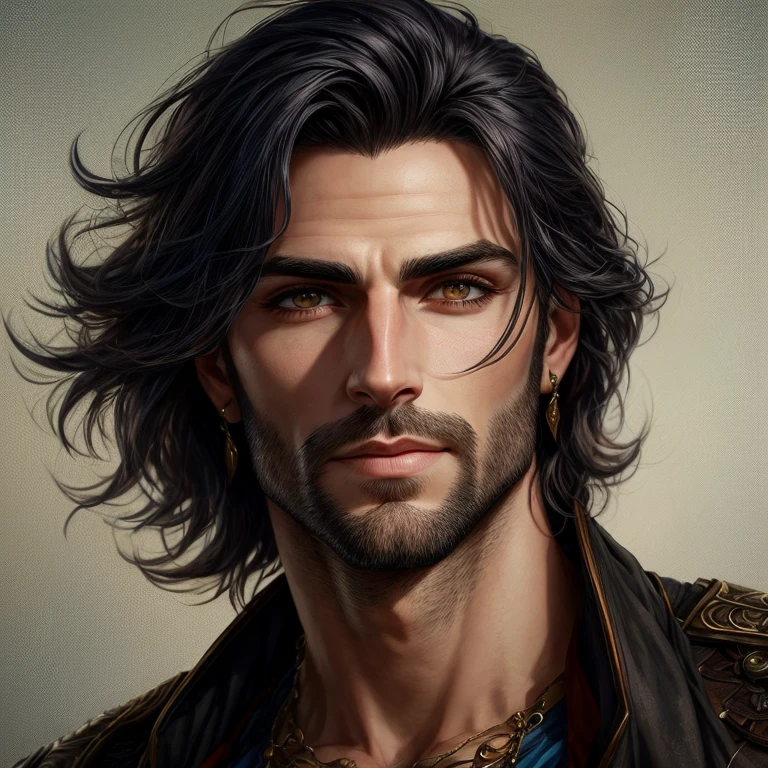 un primer plano de un hombre con pelo largo y una chaqueta de cuero, fantasy male portrait, Retrato detallado del personaje, character art portrait, Hermosa cara detallada, guapo impresionante realista, Retrato de personaje en primer plano, Retrato de anime de un hombre guapo, handsome prince of persia, Arte del personaje masculino humano, Anime hombre guapo, Retrato de personaje, digital fantasy portrait, Primer plano del retrato del personaje