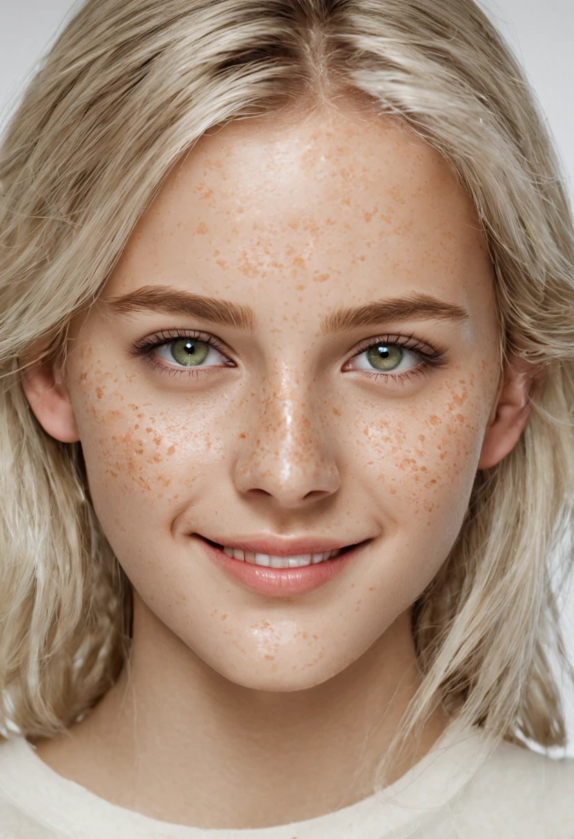 Generate a hyper-realistic image of the face of a young woman between 18 and 21 years old. She has straight white hair with highlights, shiny and well-kept. Her eyes are a very light brown tone, standing out on her face with clear and perfect skin. She has soft freckles scattered across her cheeks and nose. Her nose is perfectly shaped and her front teeth are slightly separated, adding a unique touch to her smile. A distinctive detail is a small glitter or decorative dot just below each eye, as a subtle accessory. The expression on her face is serene and confident, with a clear forehead that highlights her youthful beauty. The lighting in the image is soft and natural, focusing on highlighting the features of her face and her expression. Without makeup.