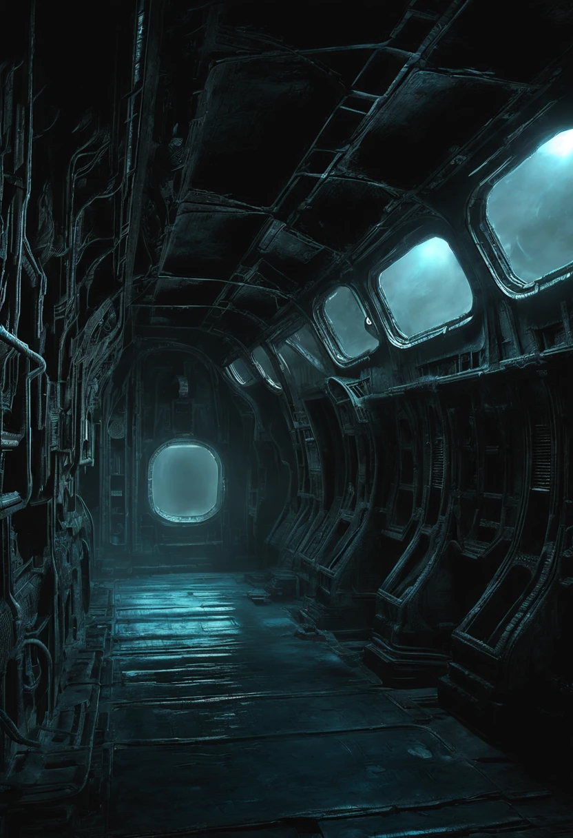 01_Black light, the interior of an epic alien ship, the atmosphere of the movie “Alien”. Bionic forms cover the walls in bas-relief, black artificial material, stone-plastic, and bionics. Sanded, polished, smooth, bas-relief, bionics, cyber-punk. Elements of alien bodies, and the anatomy of alien creatures, adorn the relic bas-reliefs of an alien ship. Black light penetrates forms from the inside. The whole picture embodies the black theme, black glow, antimatter, space - as a symbol of black infinity. 02_Highest quality. Masterpiece. Cinematic image. 3D visualization. Scene recreated by Unreal Engine. The highest quality, details, textures, materials, and, clear shapes (smooth synthetic material, artificial stone, plastic, metal). Black glow from the depths of forms, an alien ship, an alien civilization, alien worlds. Frontal view from the camera, perspective, with watery ceilings, a deep grotto, membrane floor, and fantastic bas-reliefs on the walls (bionics, anatomy, entomological life forms depicted on bizarre bas-reliefs). Black glow is the basis of the whole picture. 03_ Interior lighting, deep shadows, illuminated black bas-relief, bionic geometry, and secret symbolism decorate the walls. High vaulted walls, an alien ship - a highly developed civilization. Warm bright - contrasting light, light cold shadows, clear image of details, texture, decor (high image quality), (Clear high-quality render), (unreal engine), SD quality, 8K. Lucas Arts, cyberpunk, S.R. Giger "Alien".