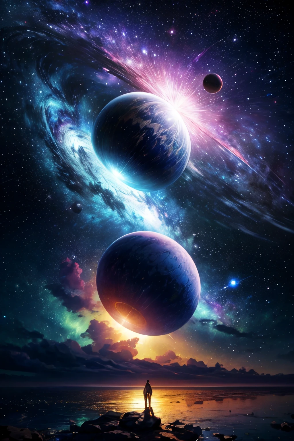 (La mejor calidad,4k,8k,Altas Resoluciones,Obra maestra:1.2),Ultra detallado,(realista,fotorrealista,fotorrealista:1.37),arte planetario,sistema solar,cielo nocturno,estrellas brillantes,Cosmic Wonders,Cuerpos celestes,planetas en movimiento,Orbiting planets,space exploration,astronomy,Viaje interestelar,exoplanetas,alien worlds,galaxias distantes,Nebulosas,viveros estelares,Explosiones estelares,Milky Way Galaxy,intergalactic journey,cosmic dust,Continuo espacio-tiempo,Materia oscura,revelando el universo,Belleza infinita,astrophotography,Galactic Adventures,universo misterioso,Cosmic Energy,Explorando lo desconocido,Constelaciones estelares,Celestial Navigation,stellar dynamics,Deep space exploration,CosmicLandscapes,vista de astronauta,universo espectacular,Paisajes impresionantes,horizontes lejanos,Espacio luminoso,Estrellas pulsantes,cosmic ballet,Paisaje lunar,visiones de otro mundo,enigmatic space,cosmos cautivador,ever expanding universe,auroras coloridas