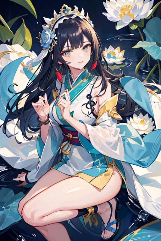 ( （tmasterpiece：1.4，Best quality））++，（hyper-detailing）+，（Best quality，hyper-detailing，vibrant with colors，rich colourful，dynamic angle，high contrast：1.2），one-girl，Height about 164cm，Blue cheongsam（cropped shoulders，chest window），tiese，shirt collar，obi strip，medium，National tide，There  a white-blue lotus in the right hand，Long black hair，Shawl hair，Lotus headdress（hanging tassels），Wearing a white long fingerless glove on the right hand，Wearing a jade bracelet on the right hand（There are long tassels hanging down below），black heels，leg loops，obi strip（（hyper-detailing）），blue carp（symbol），lotus flower（symbol），Eau，water dripping，spatter，above water，ellegance，gentleness，temperament，Draw the whole body，Fashionab，National tide background， with dynamism， garments， posing on a， frontage， rich colourful， dyna， Background with， self-assured， Expressing the， statement， fittings， A majestic， coil， Runt， Scenes， Cover of a， boldness， attention-grabbing，Fashionab， typeface， modern day,Catchy， attention-grabbinodern day， Fashionab， focal， Fashionab，delicated face，exquisite facial featureull bodyesbian,Lotus element