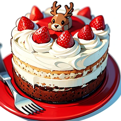 (Best Quality, Cute reindeer cake illustration, Appetizing cake illustration), reindeer cake cut into 1 slice, Looks appetizing. cake placed on a white plate,  White background. View Center, Make the whole cake visible without interruption. Topped with strawberries and fresh cream、Christmas