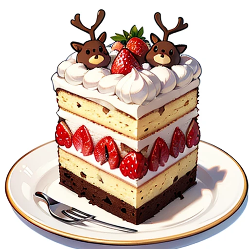 (Best Quality, Cute reindeer cake illustration, Appetizing cake illustration), reindeer cake cut into 1 slice, Looks appetizing. cake placed on a white plate,  White background. View Center, Make the whole cake visible without interruption. Topped with strawberries and fresh cream、Christmas