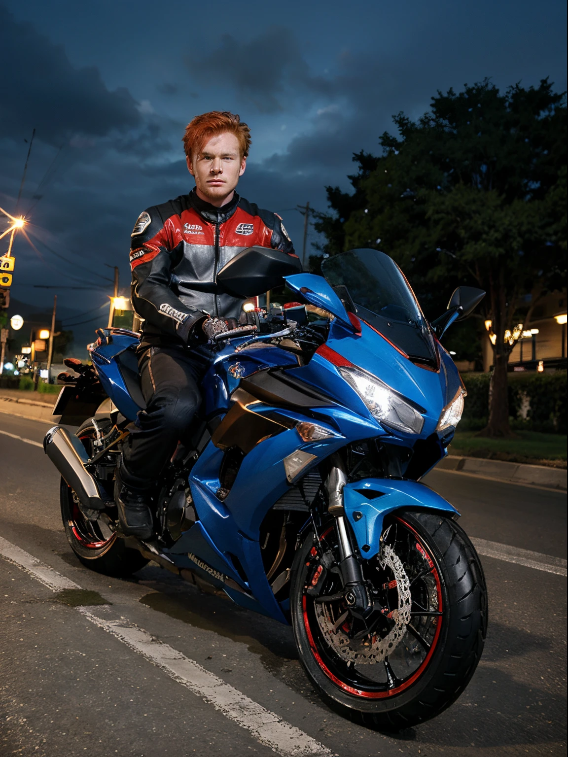 man, blue eyes, red hair, 23 years old, on a Kawasaki ninja motorcycle