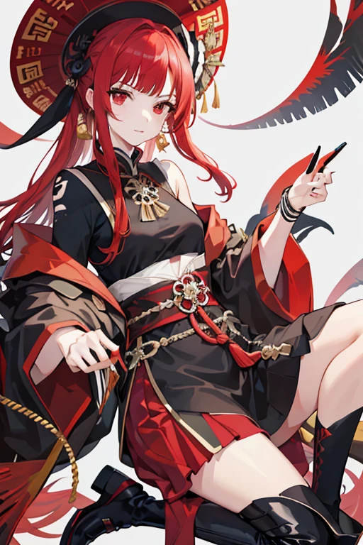 best quality masterpiece, AkagiV5, 1girl, solo, looking at viewer, smile, skirt, simple background, thighhighs, gloves, long sleeves, cleavage, full body, pleated skirt, japanese clothes, black gloves, black thighhighs, wide sleeves, kimono, red skirt, black background, aircraft, airplane, black kimono, flight deck, <lora:AkagiV5-10:1>