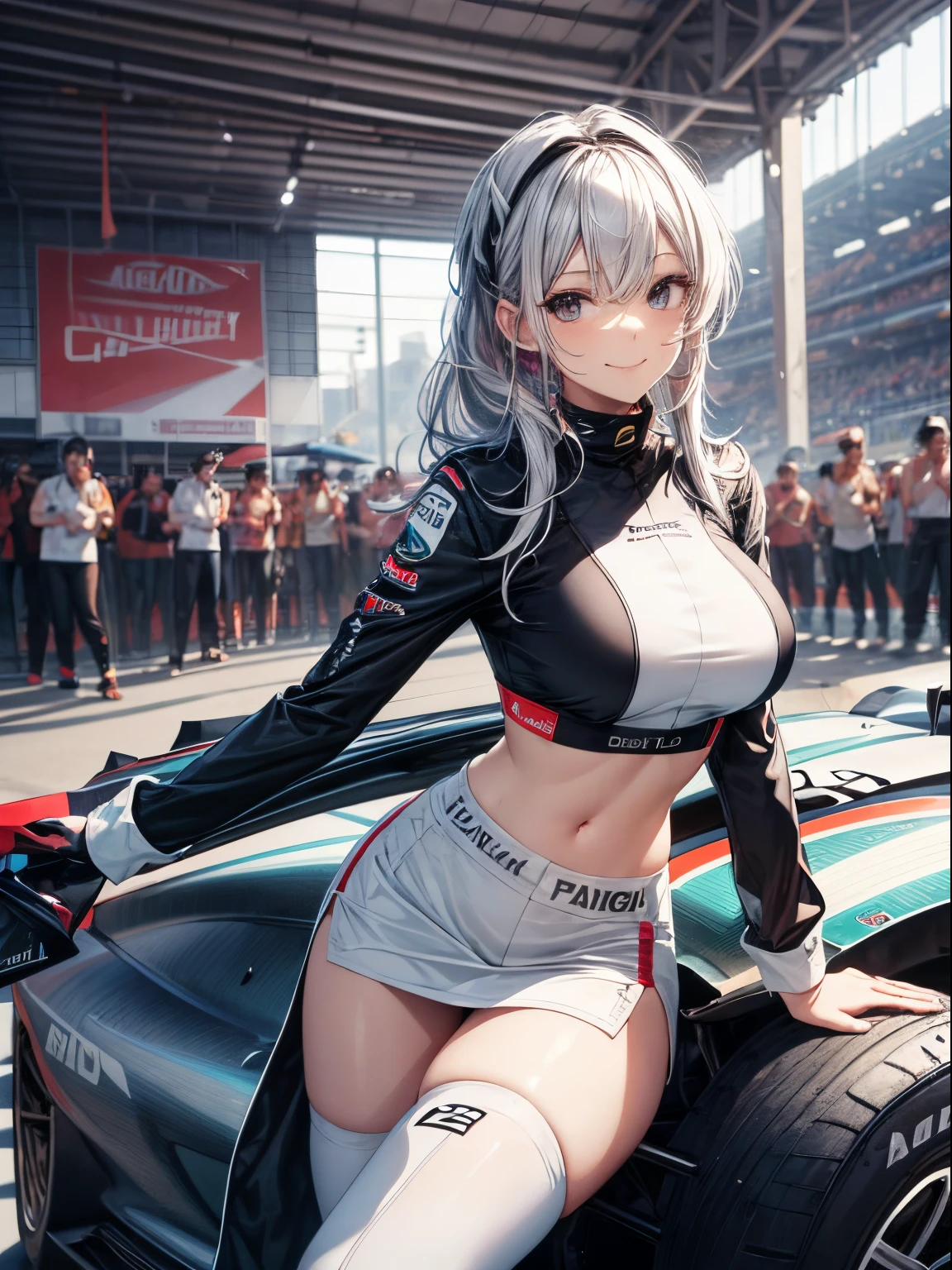 top-quality、Full limbs、complete fingers、Slender beauty、Woman in a ponytail、Silver-haired woman、Women with medium hair、(Beautiful busty woman:1.3)、Race Queen、(High neck sleeveless top in patent material with white logo)、Exposing the belly、White enamel miniskirt、Long boots in black color、Naughty Poses、Circuit Venue、F１Race Circuit、A big smile