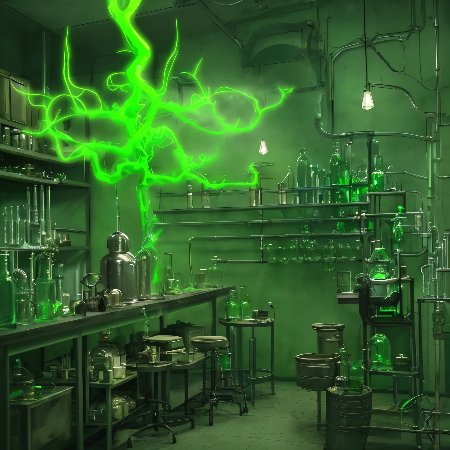 chemical lab style scenarios,quite detailed scenery, smoking equipment,strong sorcerer ,brew a potion ,green glowing aura