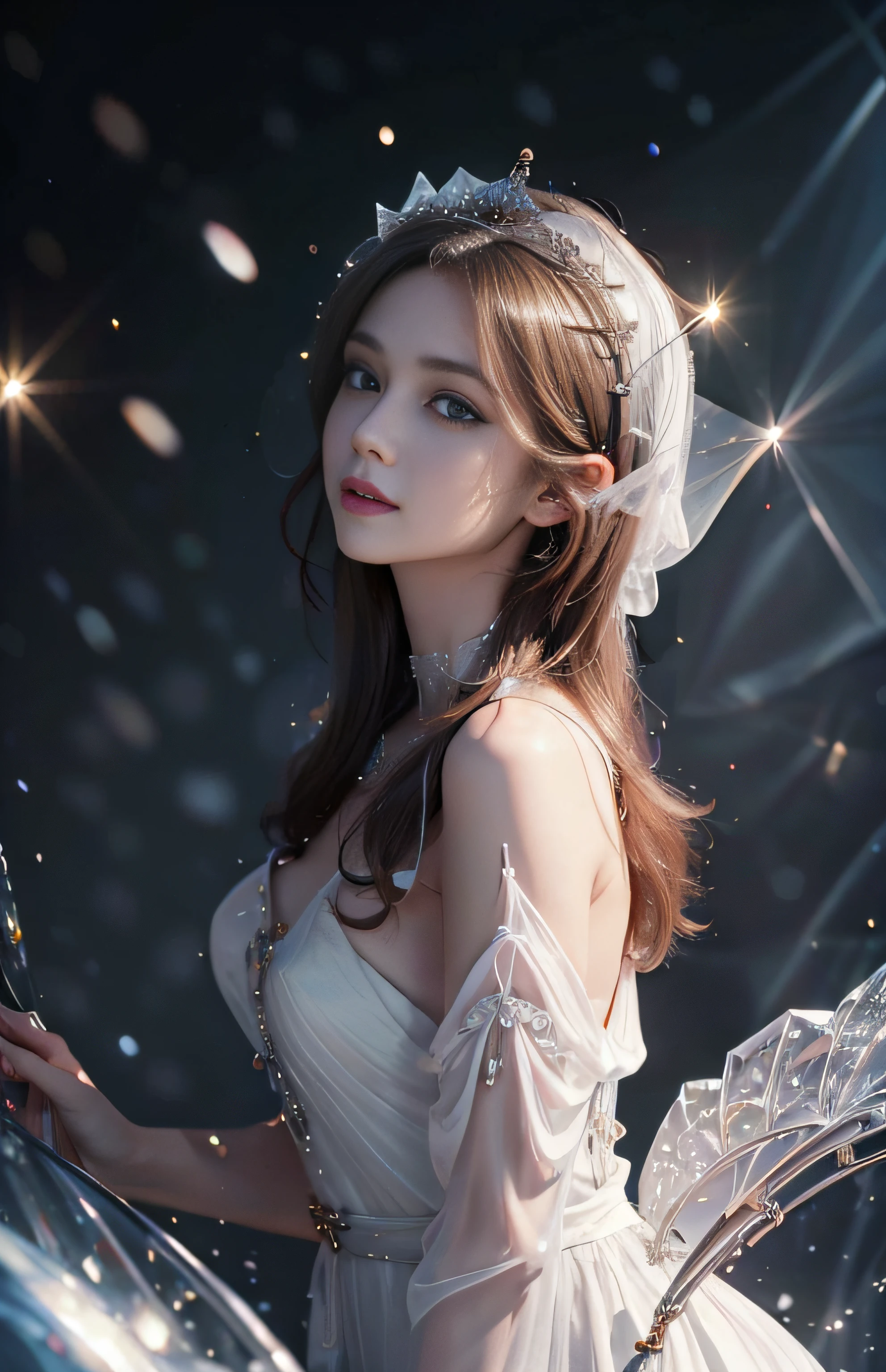The hat on the back of his head is shining white、Whole body、8K、realphoto、超A high resolution, Master Parts, Best Quality, nffsw , cinematic images,Lovely girl、ann、1６oruro saxon year、Green eyes、二重まぶた、very droopy eyes、（very, Very big eyes：1.８）、Dark eye shadow、The lips are very thin、The tip of the nose stretches beautifully....................、The tip of the nose is small,,,,, ighly detailed , Gold Hair、Straight hair、Very smile、 Sweet look 、a very beautiful woman、legs are long、 Very clear shadows , jewely , A detailed eye, very intricate, shiny skins , Perfect Brilliant, Perfect Lighting, Dramatic shadows ,White tiara on head、Pure white long dress worn with 3 layers、Pure white long dress with lovely silver embroidery.、Close the white fan and hold it with both hands.................、The head has a large white hood、red flower accessories on ears